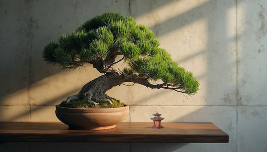 A pine bonsai in an earthy pot, with a miniature pagoda, showcasing traditional bonsai decoration
