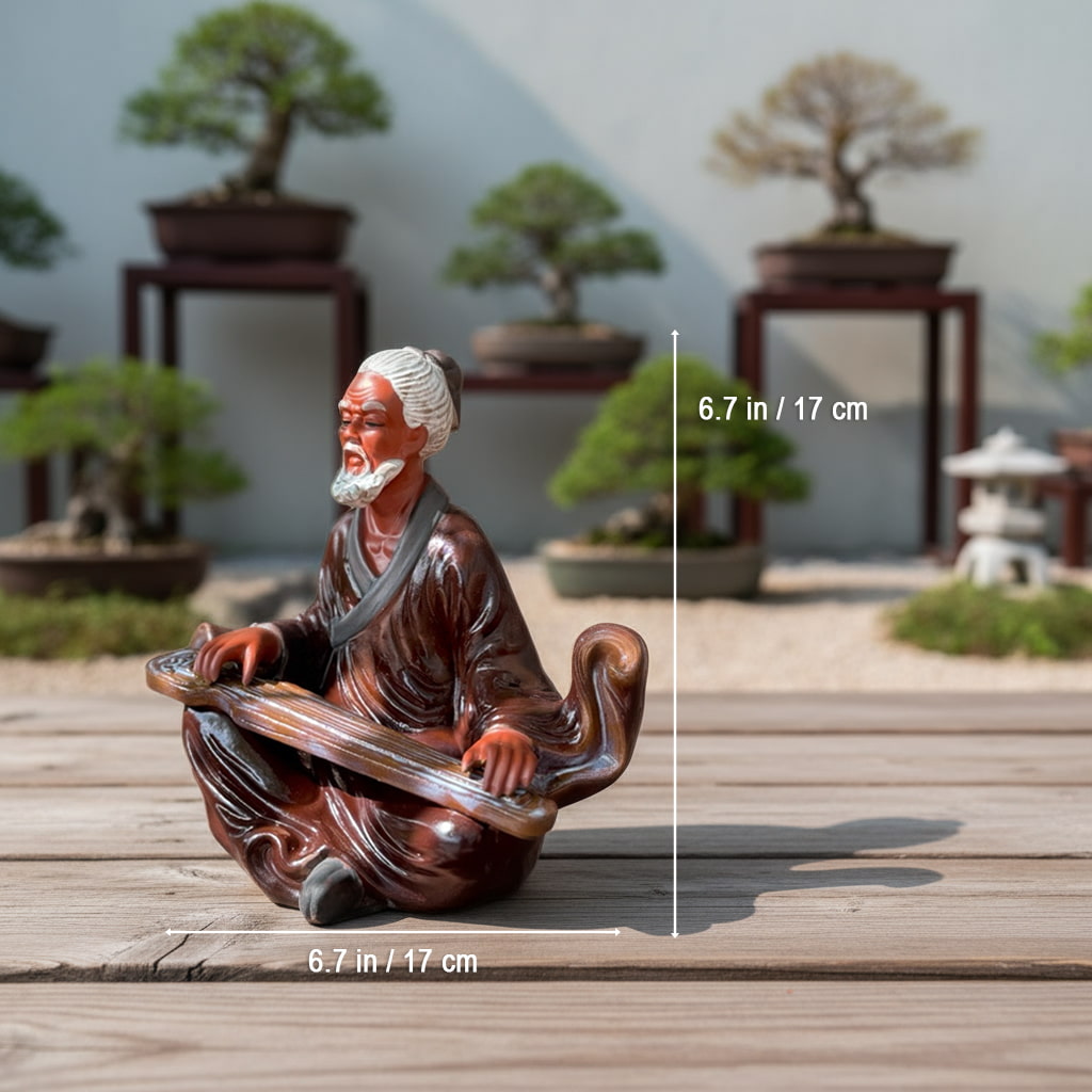 A 17cm brown ceramic figurine on a deck. A classic bonsai figurine for bonsai decor.