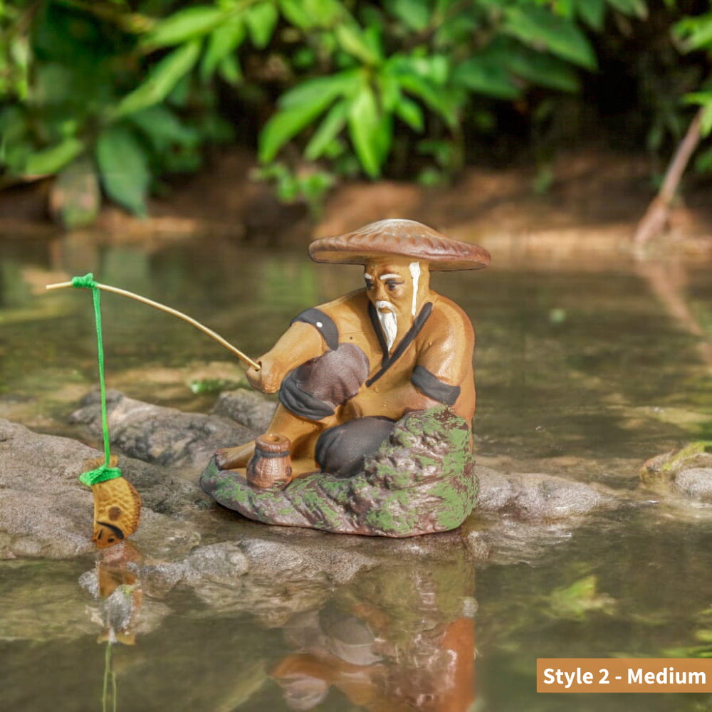 Set of 3 Ceramic Fishermen Figurines | Bonsai & Aquarium Decor