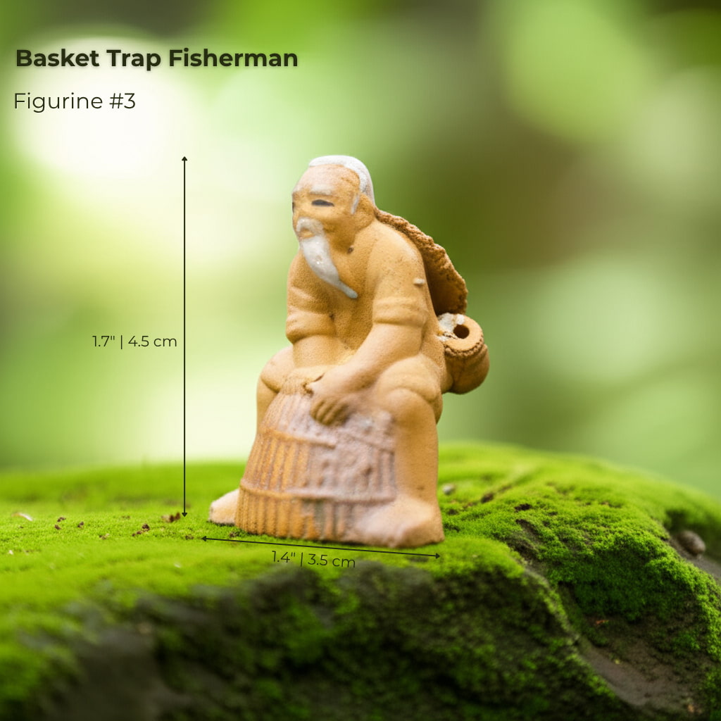 A Basket Trap Fisherman, a unique bonsai figurine. This is a classic mudmen figurine for decor.