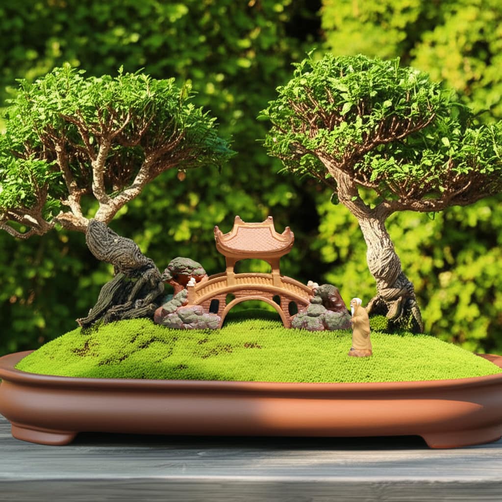 A Bonsai Bridge connects two small trees on a mossy hill. It's a perfect fairy garden bridge.