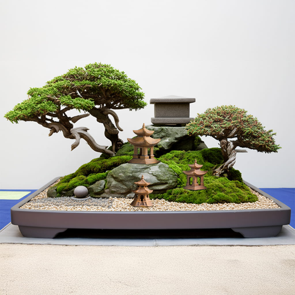 Three miniature Japanese pagoda Bonsai figurines enhance this bonsai decor landscape scene
