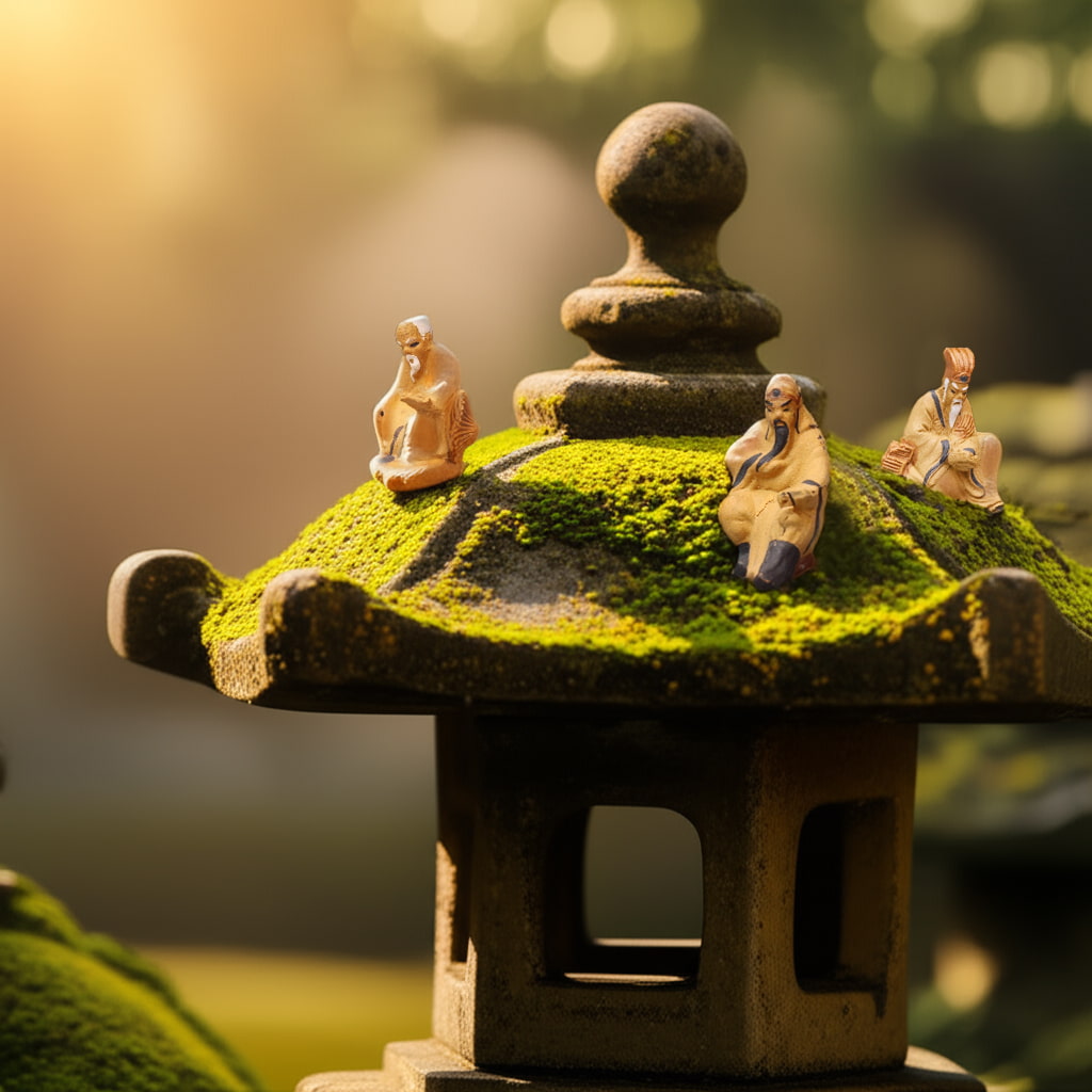 Three small bonsai mudmen sit on a mossy pagoda. These mudmen figurines are detailed bonsai decor.