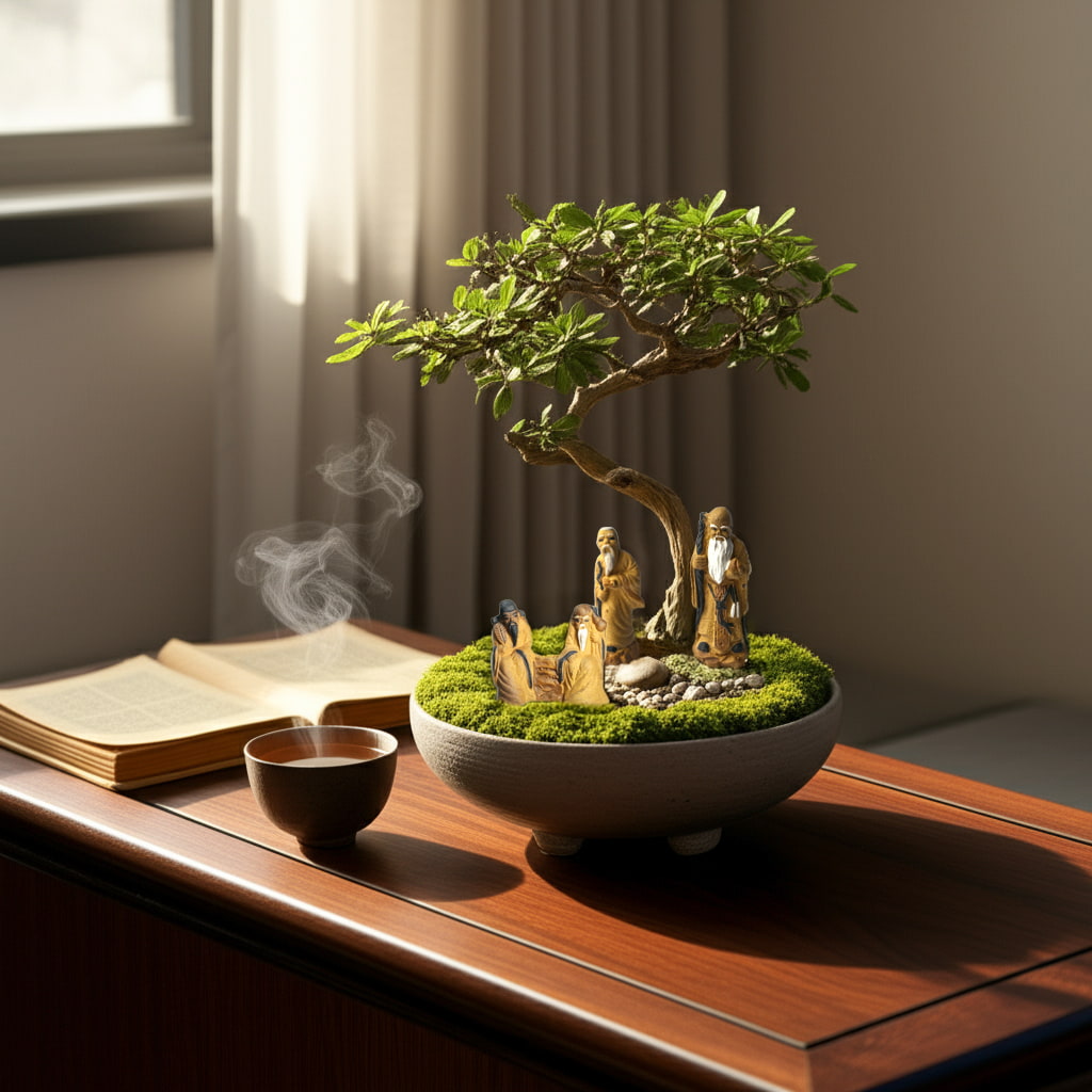 Bonsai mudmen used as bonsai decorative accessories next to a teacup on a wooden desk.