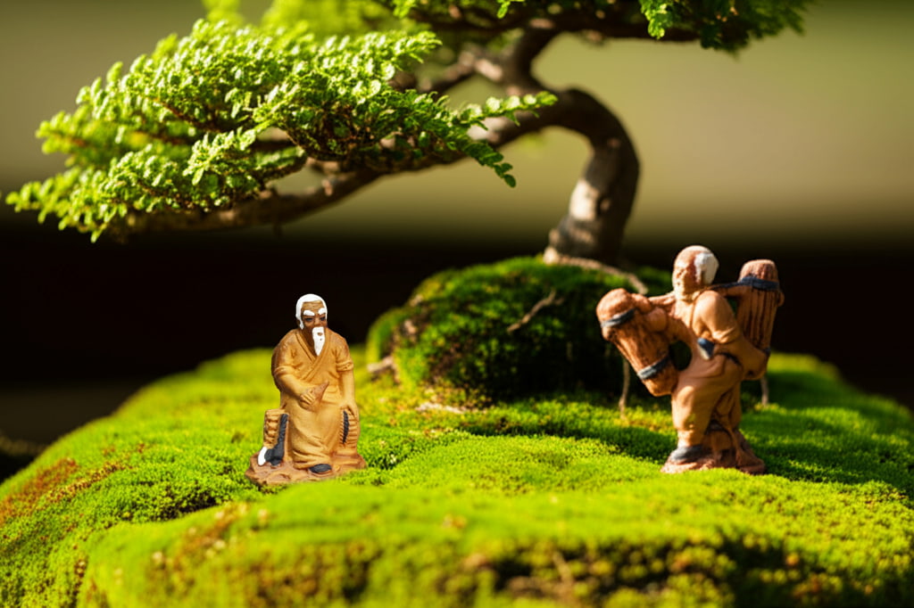 Two Bonsai tree figurines, a seated man and a walker, create a scene under a bonsai tree.