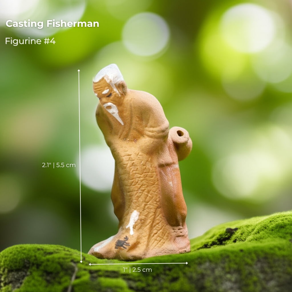 A Casting Fisherman, one of our chinese mudmen. A classic bonsai mudmen figure for your tree.