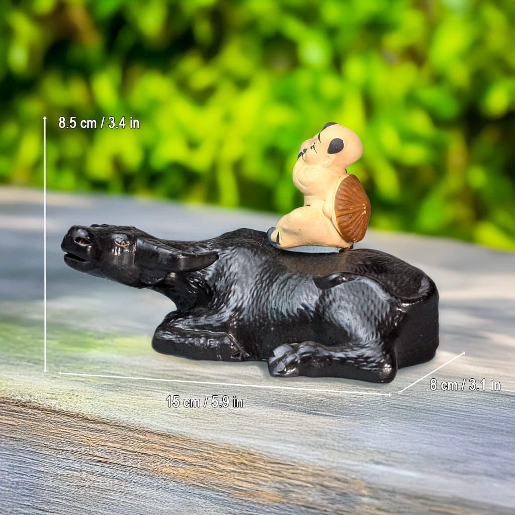Black buffalo figurine with boy, 15cm long. A buffalo statue for bonsai.