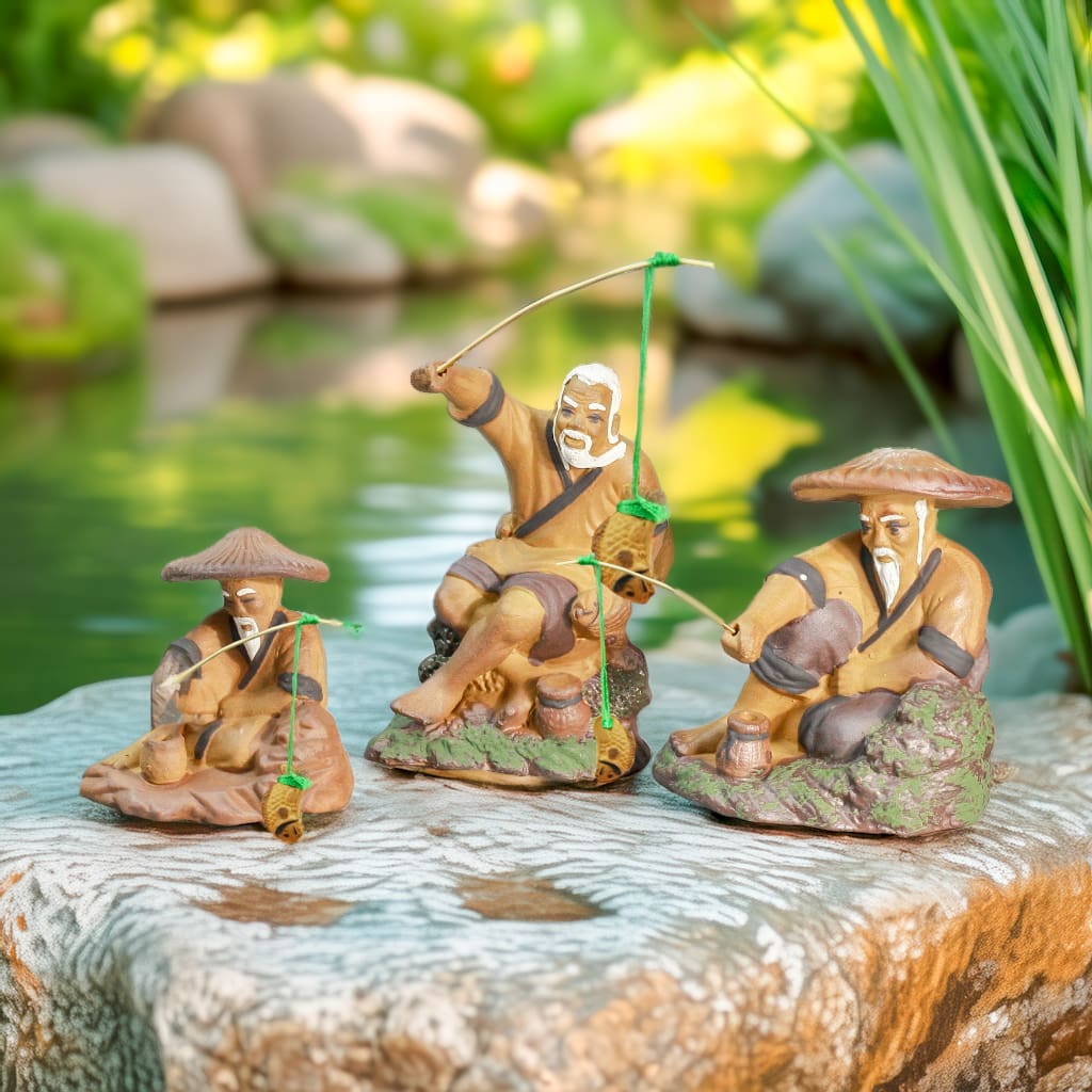 Set of 3 Ceramic Fishermen Figurines | Bonsai & Aquarium Decor