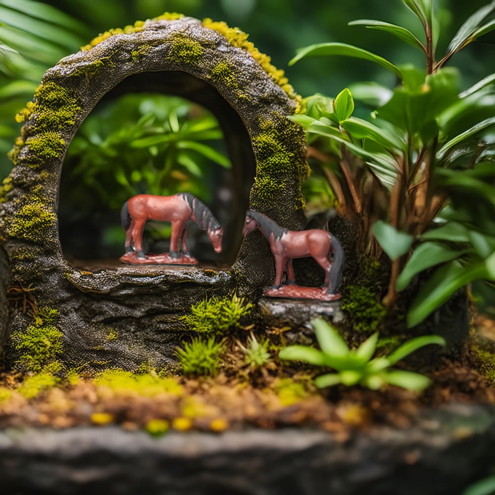 Two miniature ceramic horses graze near a mossy cave in a terrarium, surrounded by lush greenery.