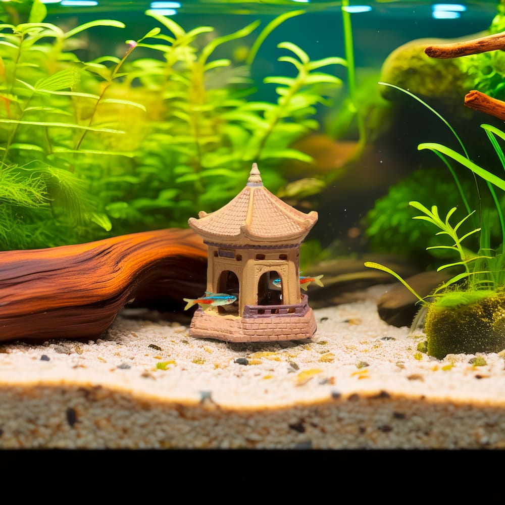 Sechseckige Pavillonstatue aus Keramik (rot oder gelb) | Bonsai- und Aquarium-Dekor