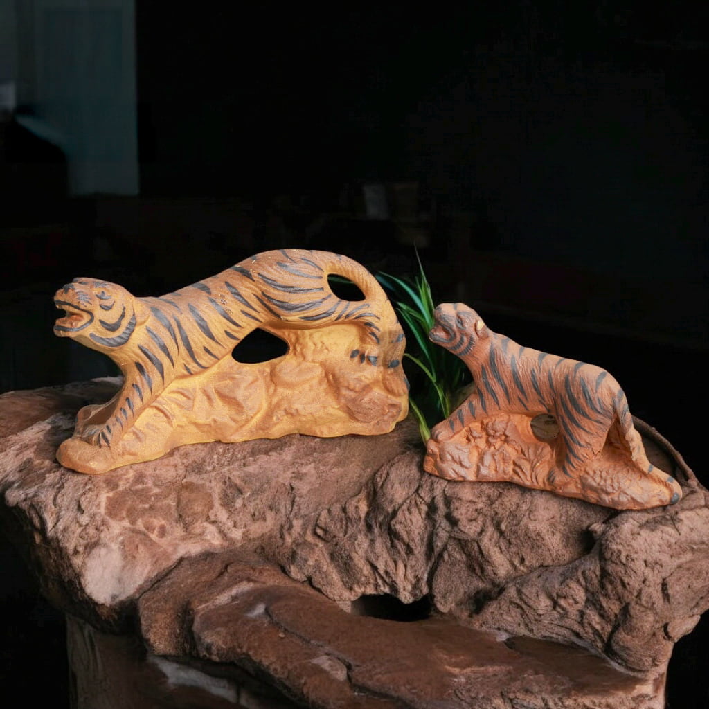 Two Ceramic Tiger Figurines, varied sizes, on rock. Bonsai decor miniature tigers.