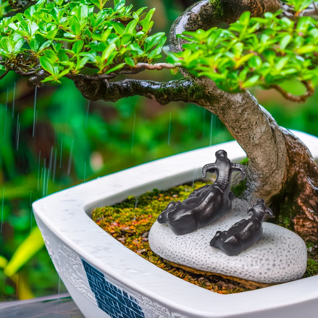 A set of two black ceramic water buffalo figurines sit on a white stone in a white bonsai pot. These bonsai figurines, like miniature animal figurines, are seen in the rain.