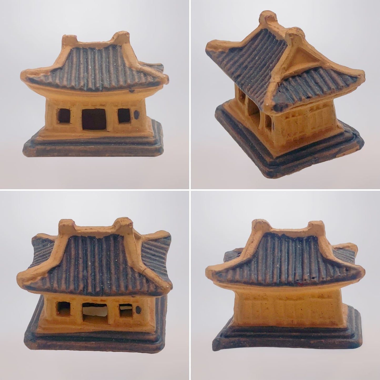 Four angles detailing a second small, brown ceramic pagoda statue, great as bonsai figurines or terrarium figurines.