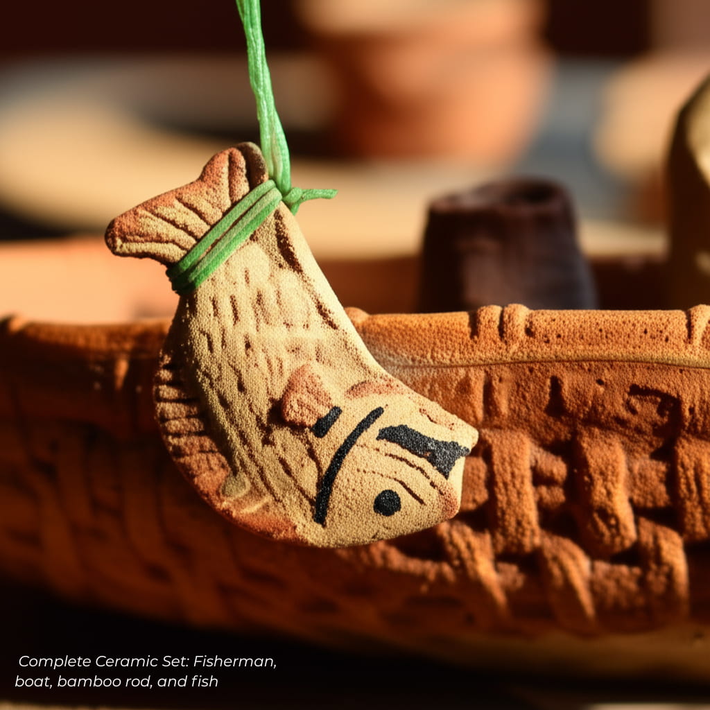 Close-up of the ceramic fish from the fisherman decor set. A perfect accessory for bonsai figurines.