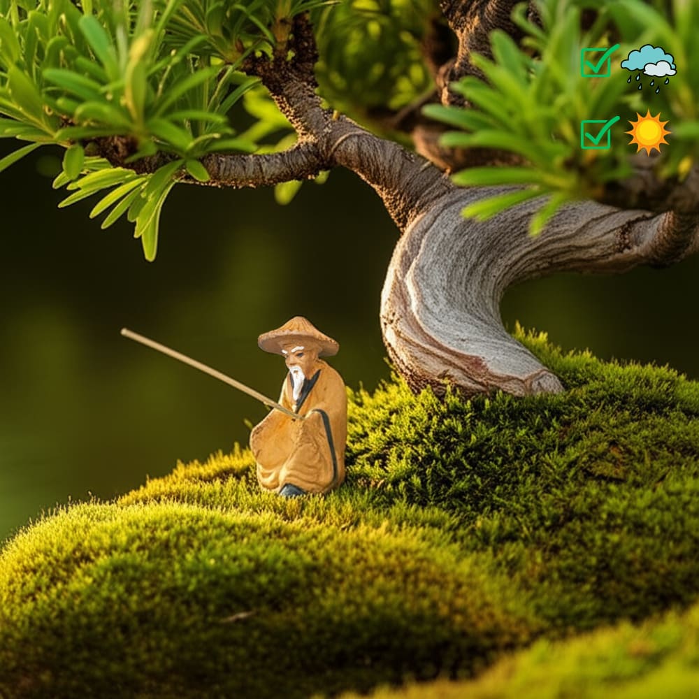 A ceramic fisherman figurine sits on moss under a bonsai. This bonsai figurine is Bonsai Mudmen style.