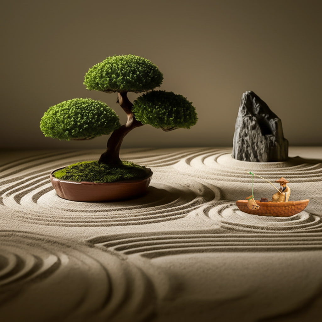 A fisherman figurine in a boat sits in a zen sand garden, a great bonsai decoration.