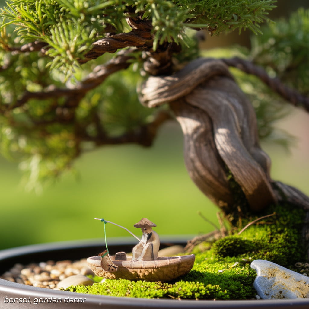 This ceramic fisherman figurine for garden sits under a bonsai tree. A classic bonsai figurines look.