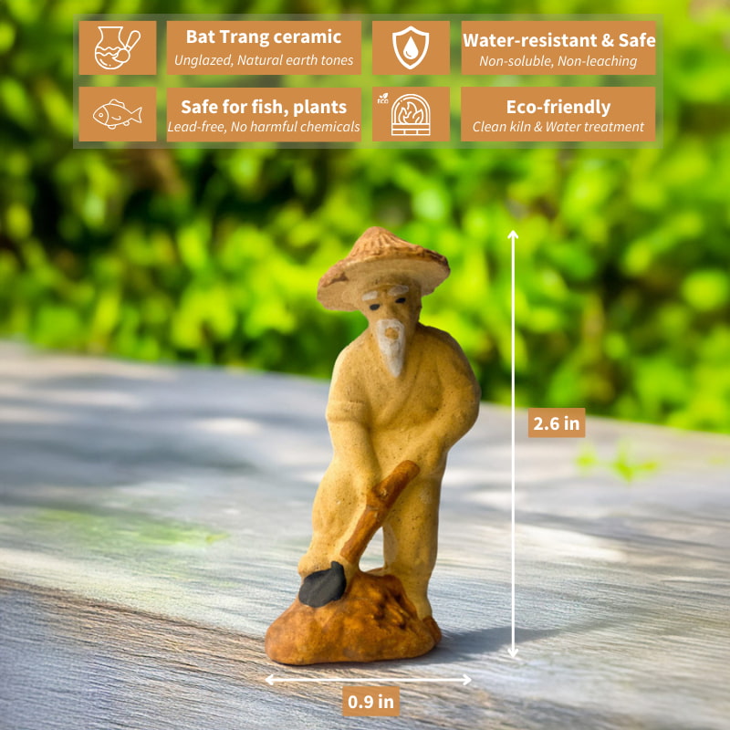 A miniature gardener, handcrafted from rustic Bat Trang ceramic, diligently tends to his miniature garden with a small hoe, adding a touch of serenity and diligence to your bonsai.
