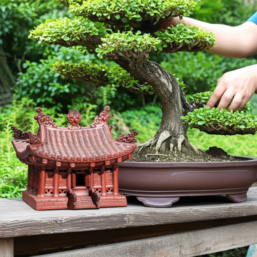 A hand trims a bonsai. Beside it, this ceramic pagoda statue, one of our bonsai figurines, serves as bonsai decoration.