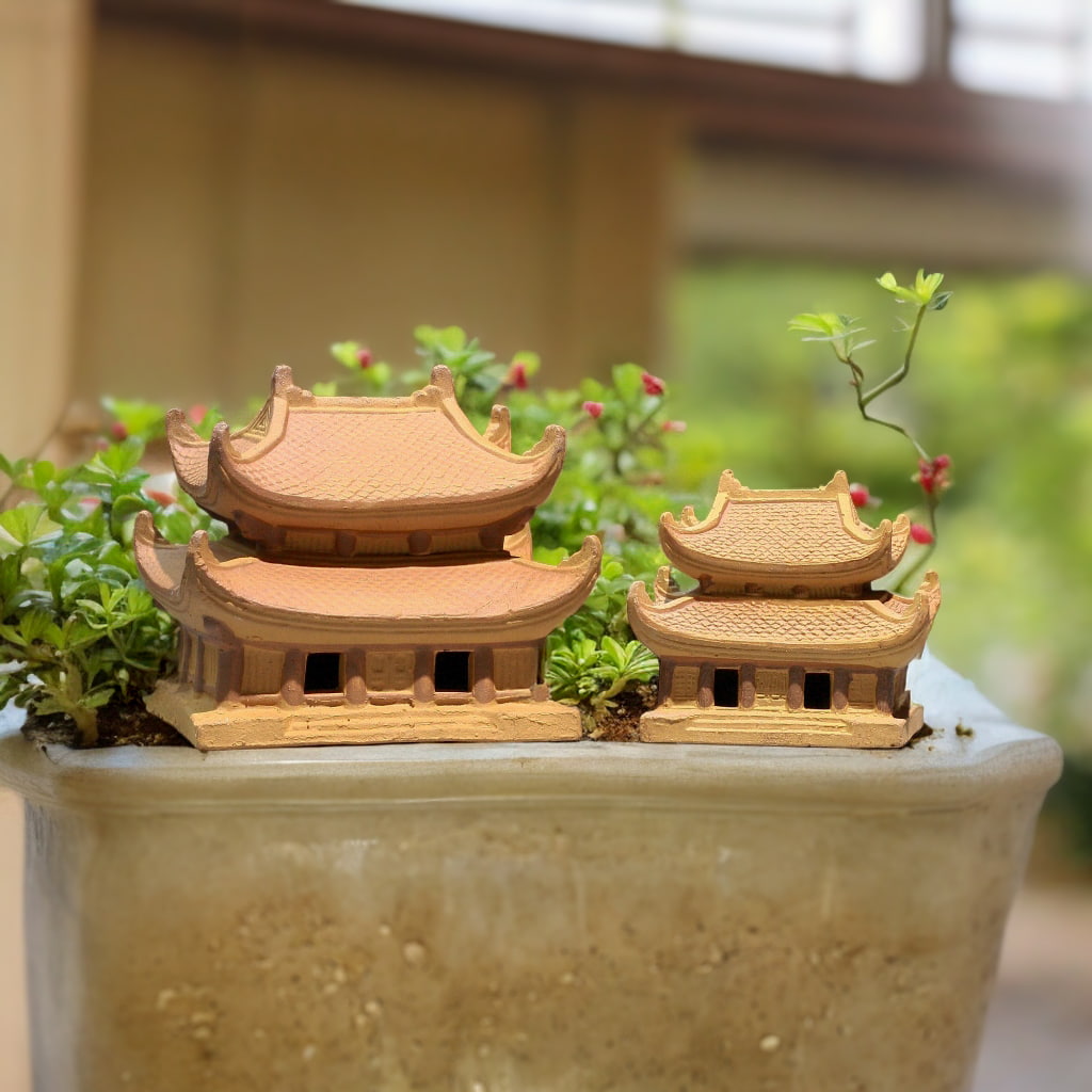 Two ceramic pagoda for bonsai in a planter. Handcrafted miniature Japanese pagoda for bonsai.