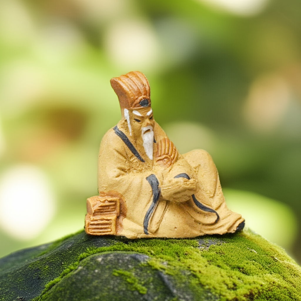 Close-up of a single Chinese mudman holding a fan. A perfect piece of bonsai decorative accessories.