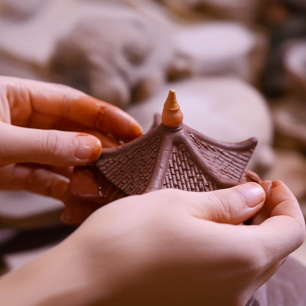 Hands hold a brown miniature pagoda roof. This pagoda statue is a crafted bonsai figurine.