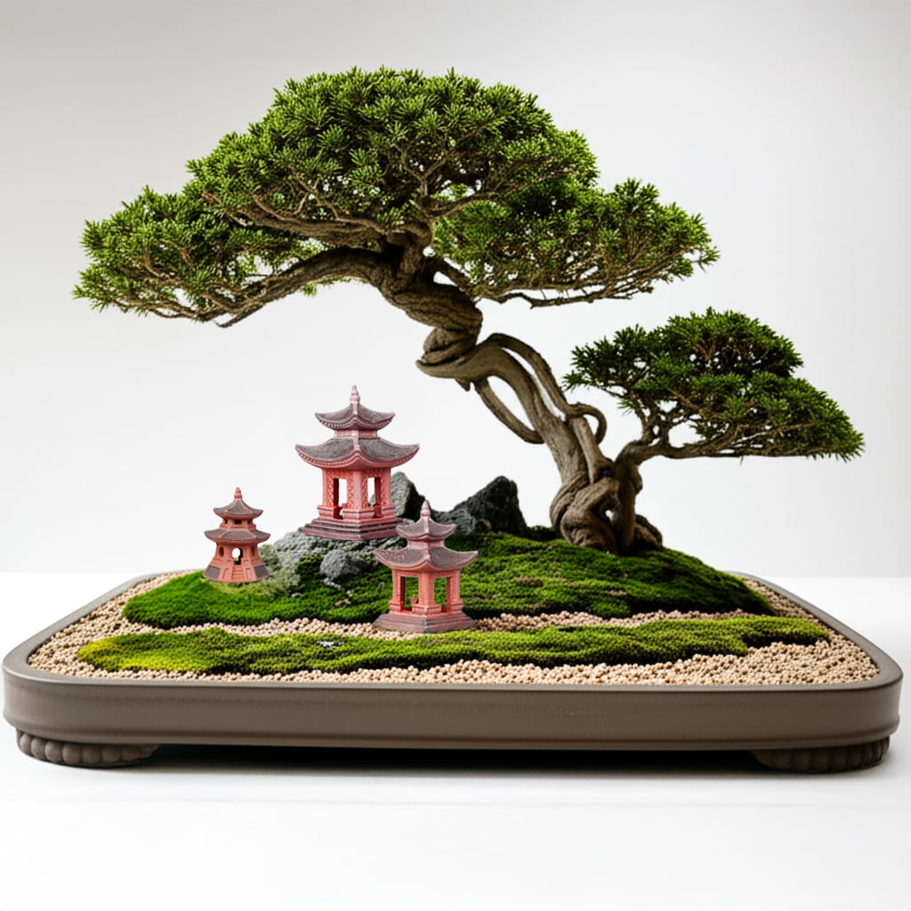 Three red bonsai miniature figurines, decorative bonsai pieces, used as bonsai decorations.