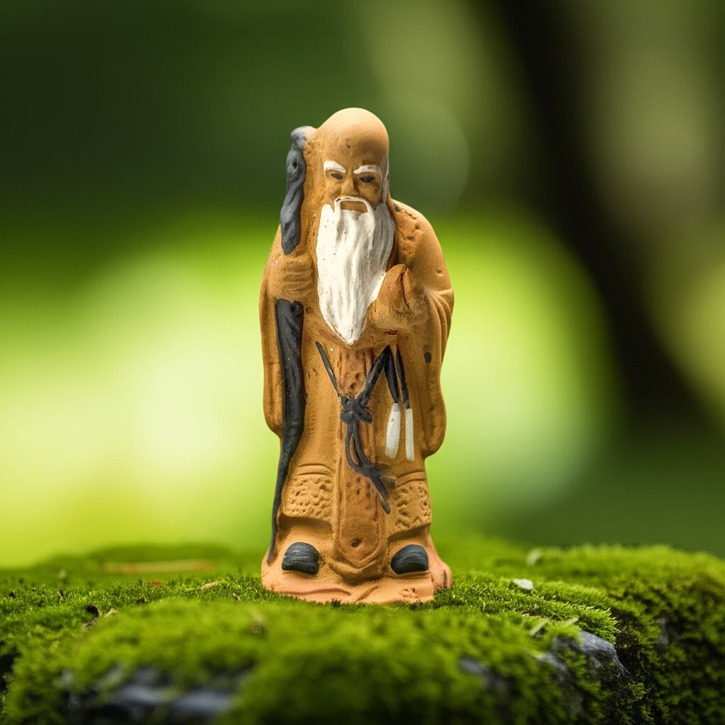 A detailed Bonsai tree figurines with a staff. These unique mudmen figurines add character.