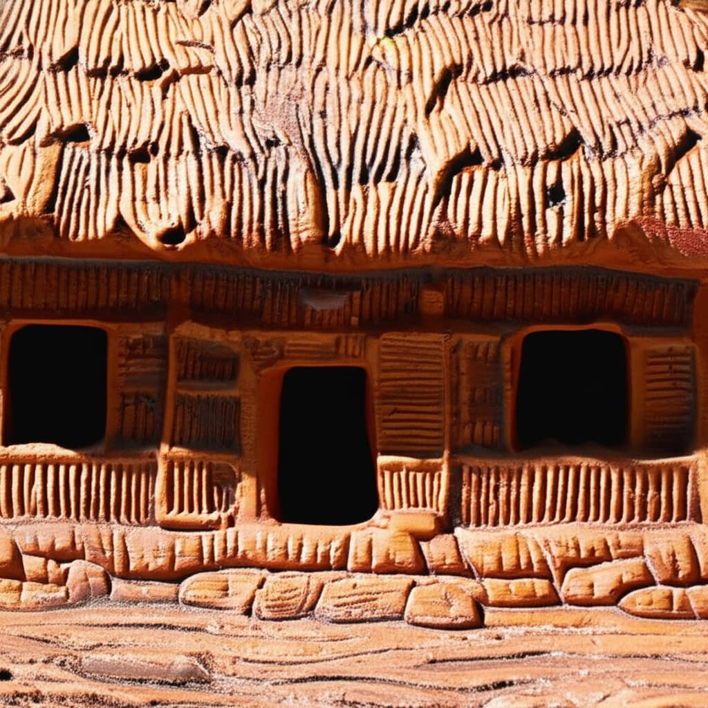 Close-up of a brown thatched house figurine, showing its textured roof and detailed walls. This miniature house figurines has small openings.