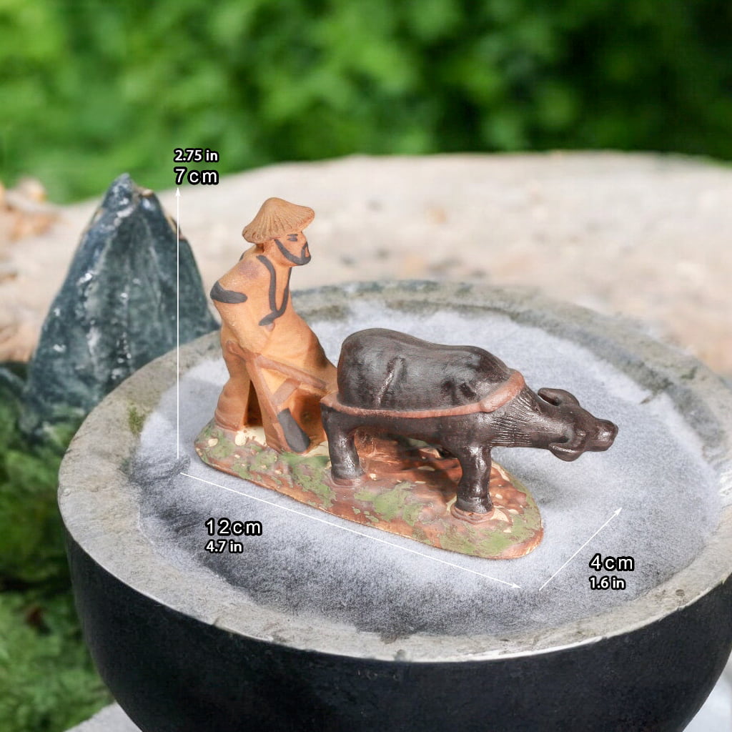 Ceramic farmer and buffalo sculpture with dimensions shown. This cute water buffalo decor.