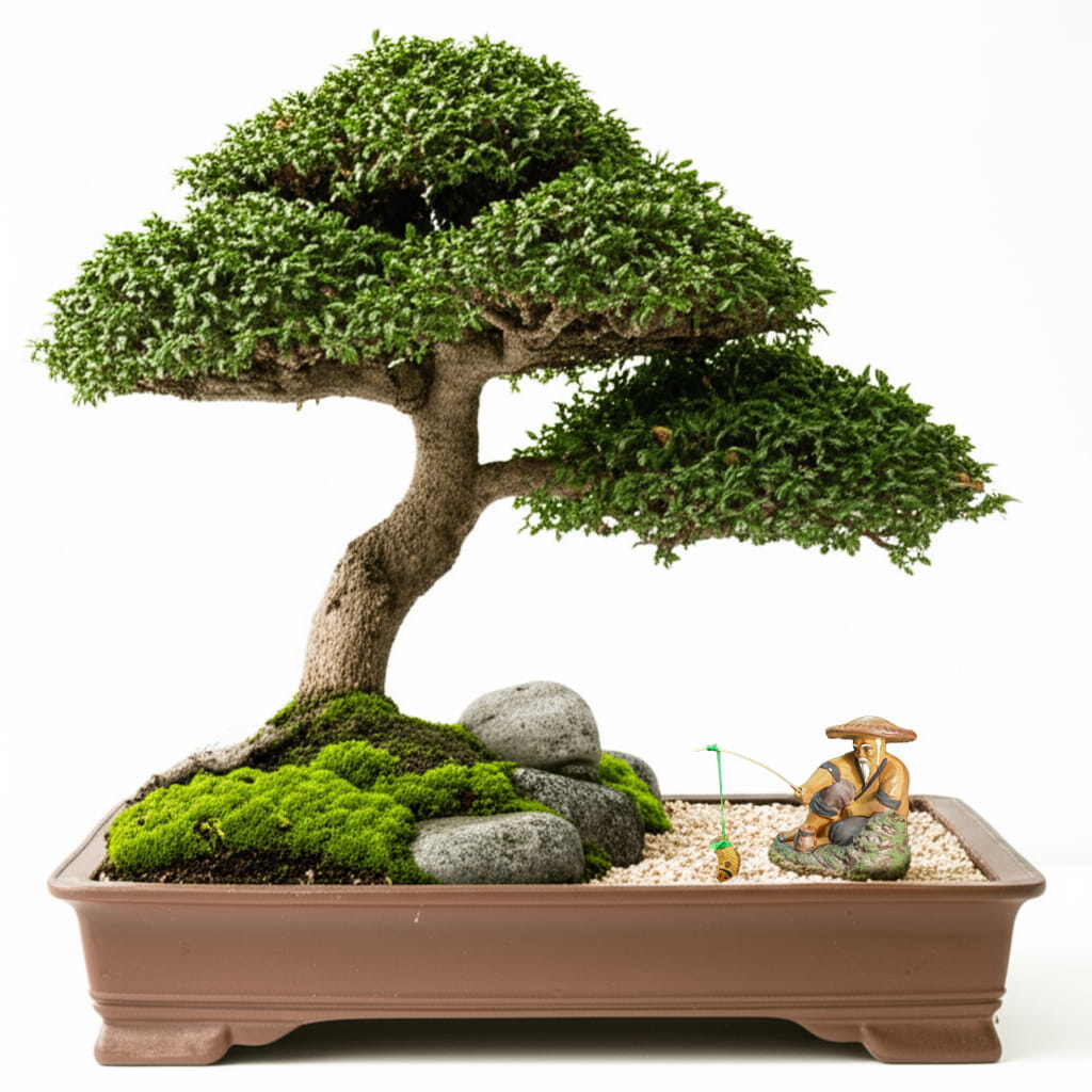 A ceramic fisherman figurine sits by a bonsai tree; a peaceful bonsai decoration.