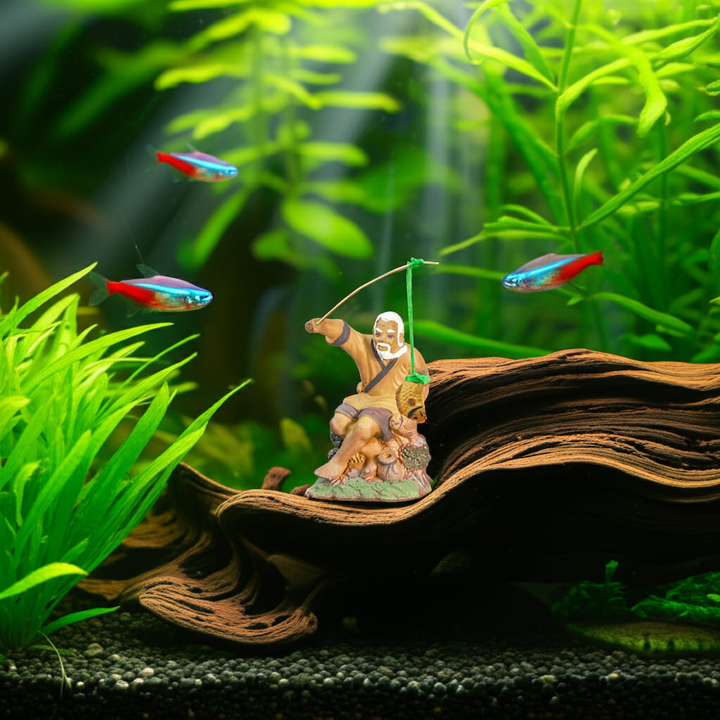 This fisherman figurine, ideal as ceramic aquarium decor, rests on wood with fish swimming.