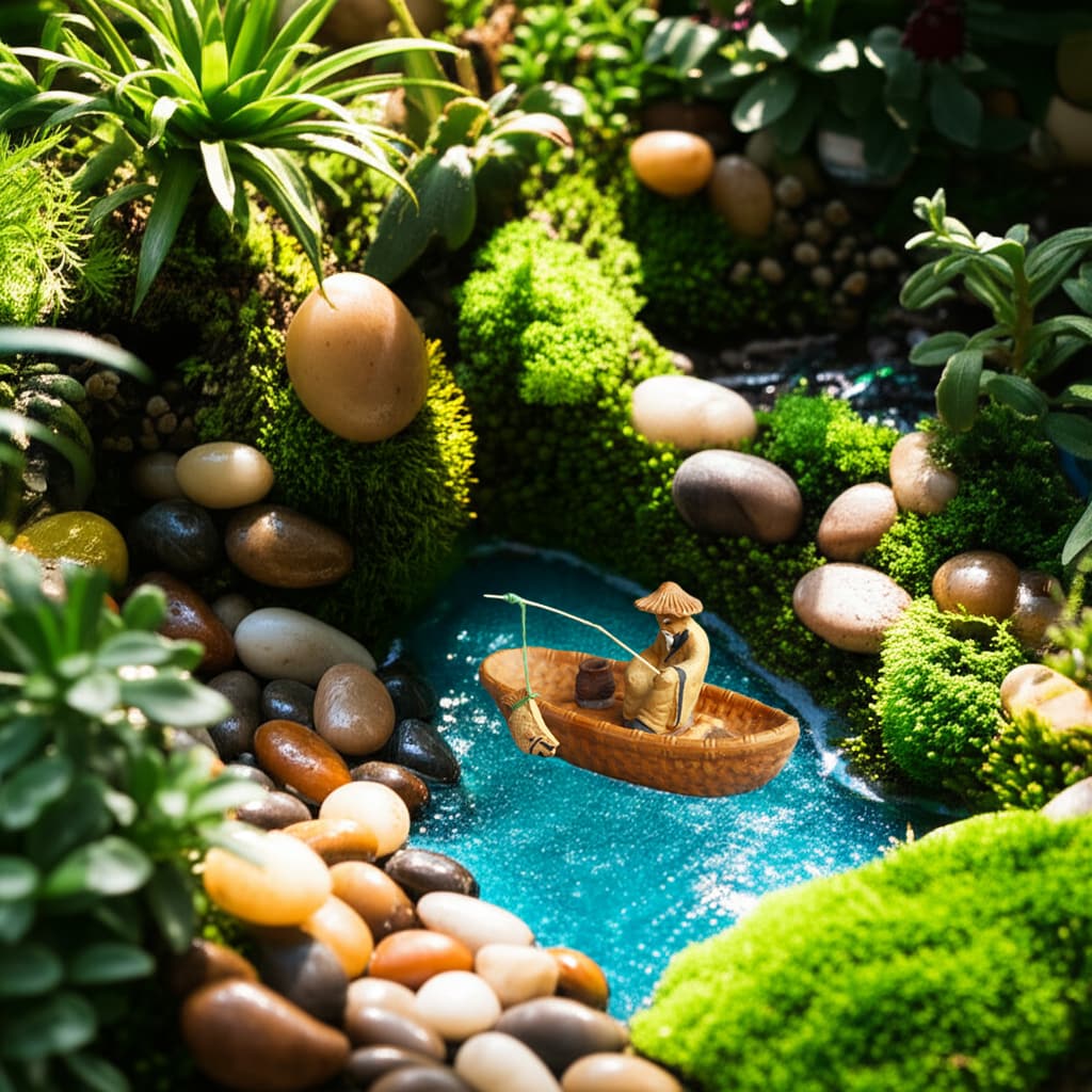 This fisherman statue in a boat rests in a mossy fairy garden stream, charming bonsai decoration.