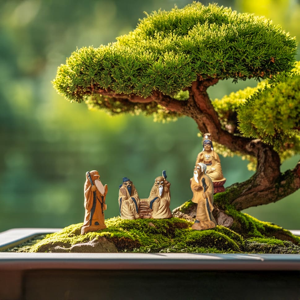 A group of bonsai mudmen creates a scene under a large bonsai tree. Great mudmen figurines for storytelling.