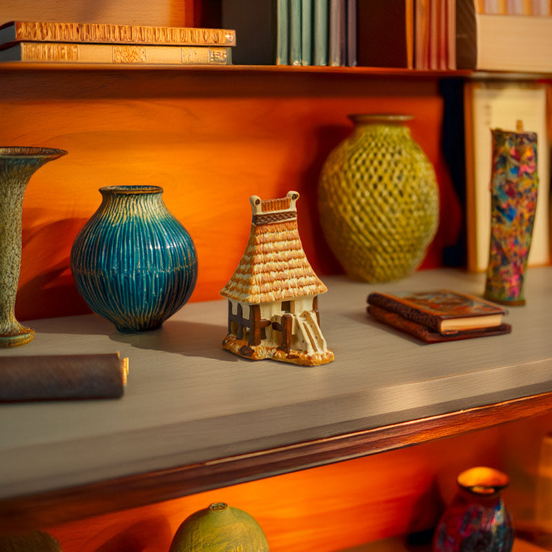This hand-painted ceramic Rong house, with its rustic charm and intricate details, adds a touch of cultural elegance to any bookshelf or curio cabinet.