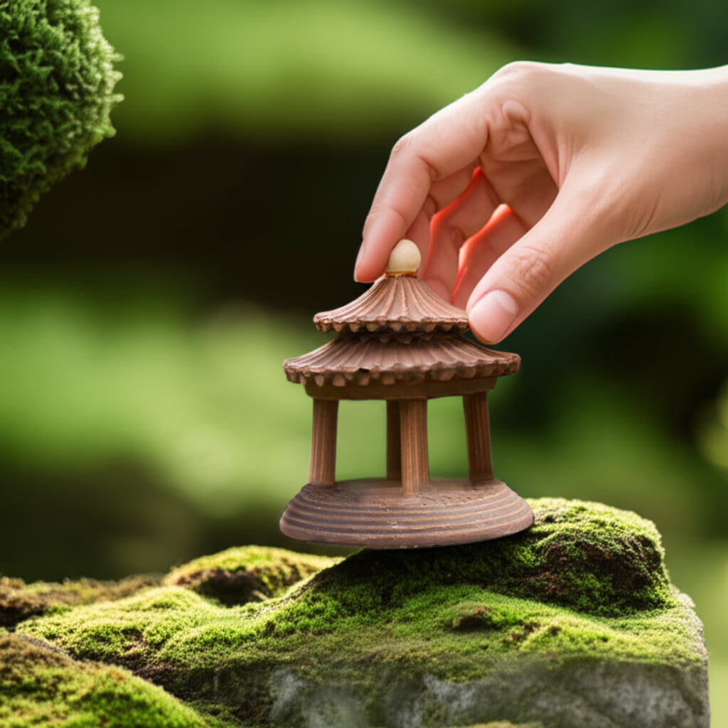 A hand places a brown miniature pagoda on a mossy rock. A perfect Bonsai figurine.