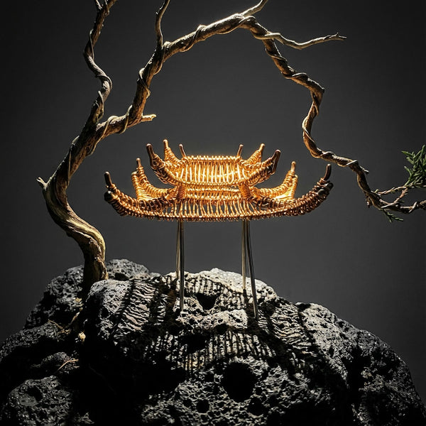 Hand-Woven Copper Pagoda Sculpture for Bonsai Display | Wide Architecture