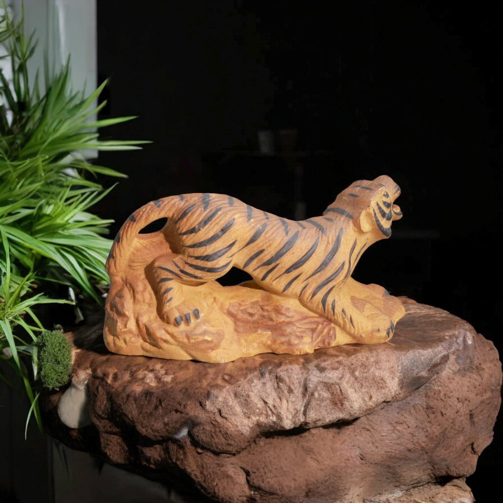 This tiger miniature, a Ceramic Tiger Figurine, on rock. Perfect bonsai figurines decor.