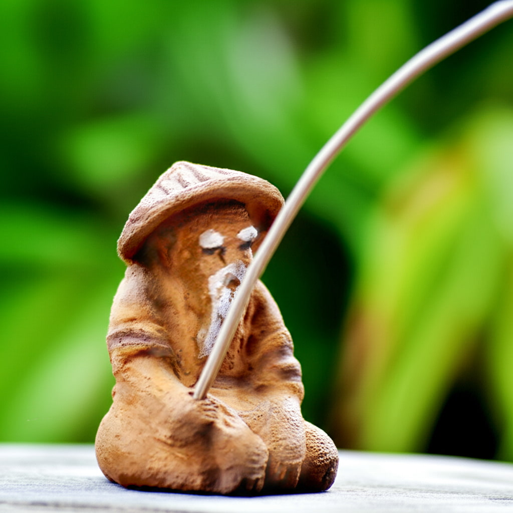 Close-up of a mudmen fisherman figurine. See his beard and fishing rod. A classic bonsai.