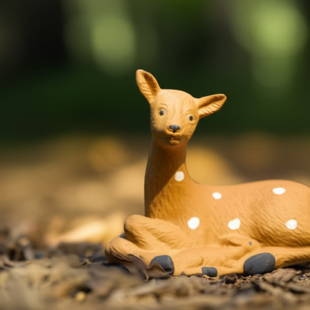 A single ceramic animal, a lying miniature deer figurine, rests on a bed of dry leaves.