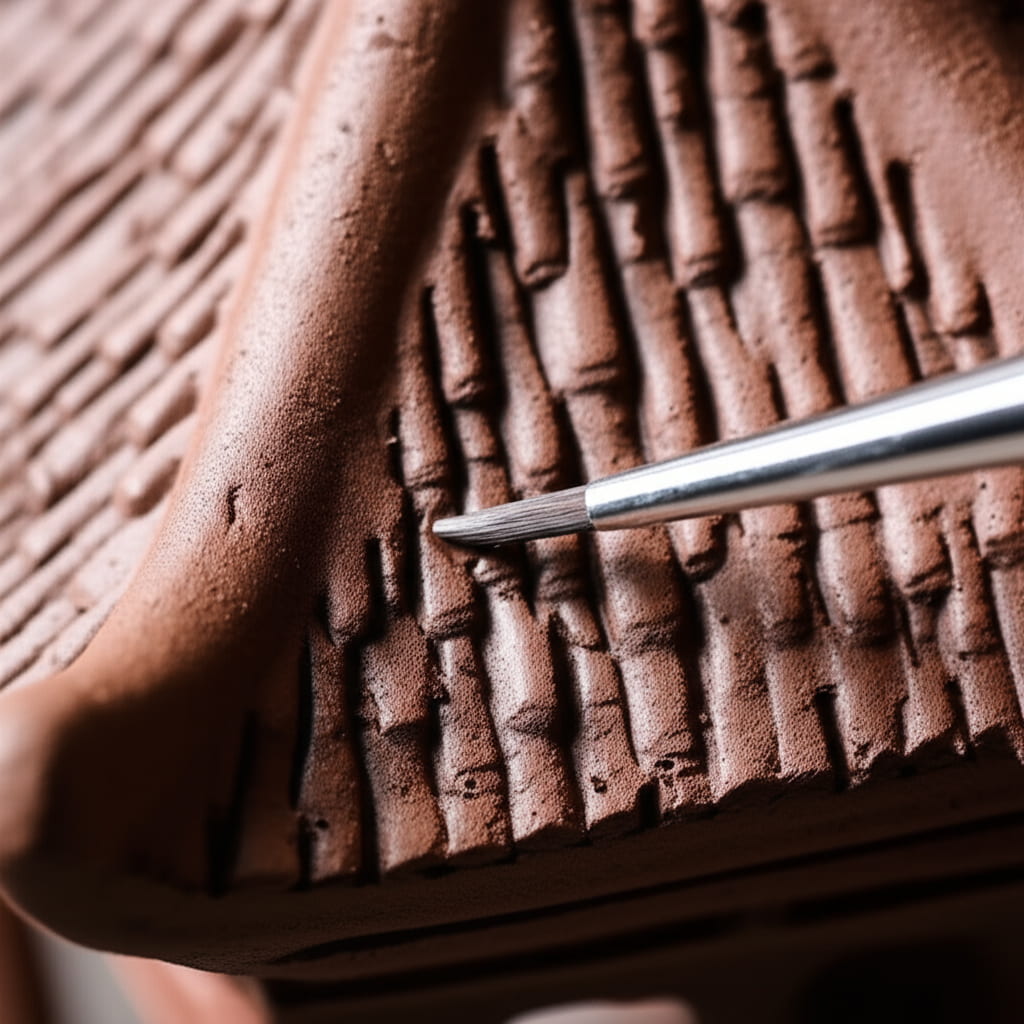 A brush details a miniature pagoda roof. This pagoda statue is a unique bonsai figurine.