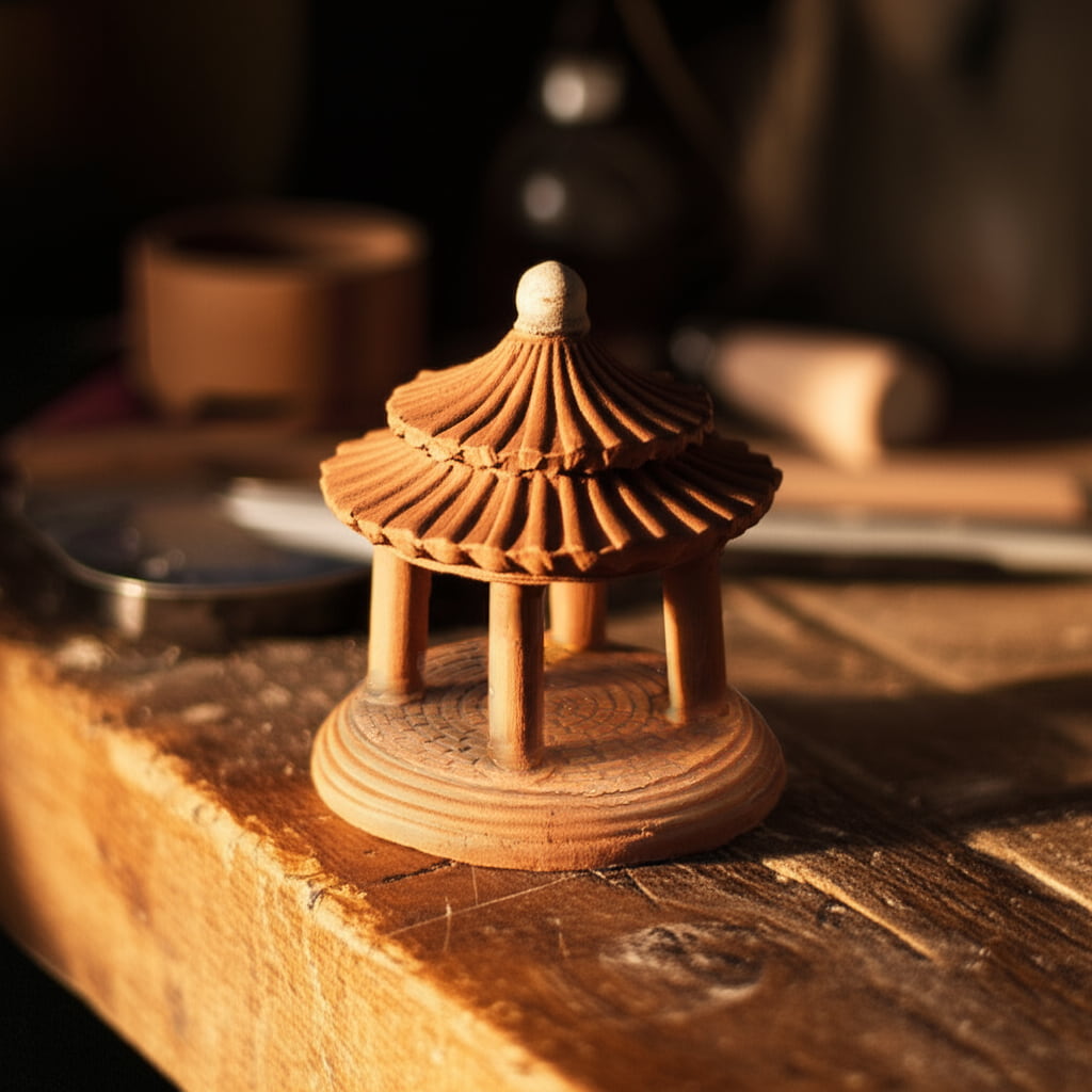 A raw clay pagoda statue sits on a wood table. It's great as ceramic aquarium decor.