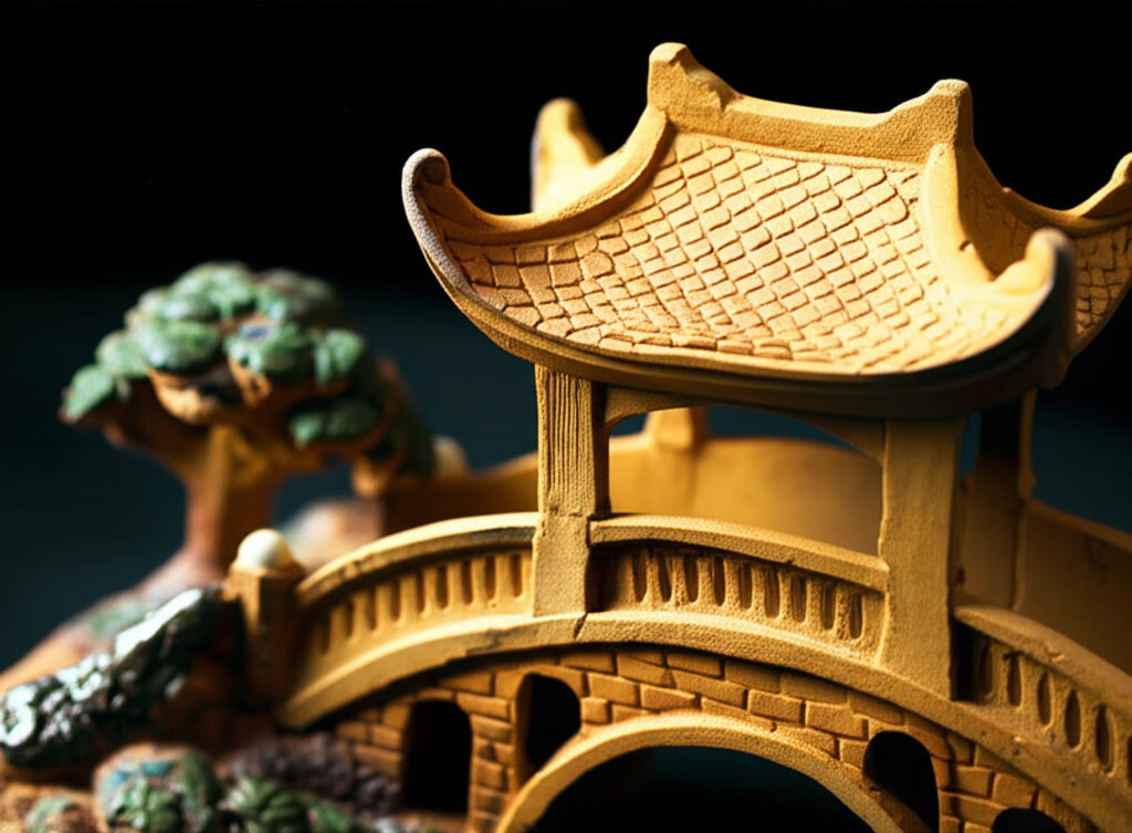 A close-up of a yellow ceramic small garden bridge, showing the texture of the roof tiles and rails.