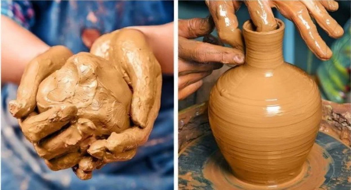 In the hands of a skilled artisan, the golden-hued Hoang Tho clay of Bat Trang comes alive. One hand gently cradles a lump of the raw, earthy clay, while the other expertly shapes a smooth, elegant vase on a spinning potter's wheel, showcasing the transformative journey of this unique Vietnamese resource.
