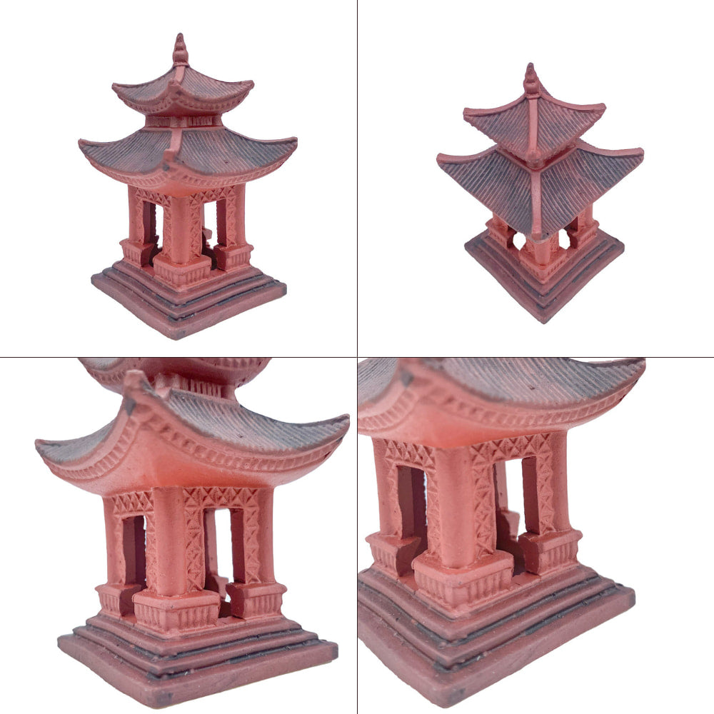 Four views: large square handcrafted miniature Japanese pagoda for bonsai. A Zen garden pagoda statue.