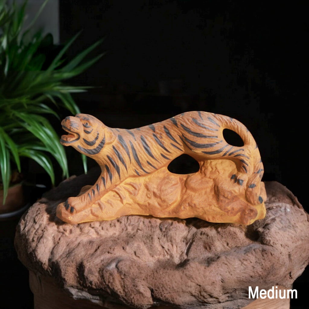 Medium Ceramic Tiger Figurine on rock. Miniature tiger for bonsai decor. Brown, black stripes.