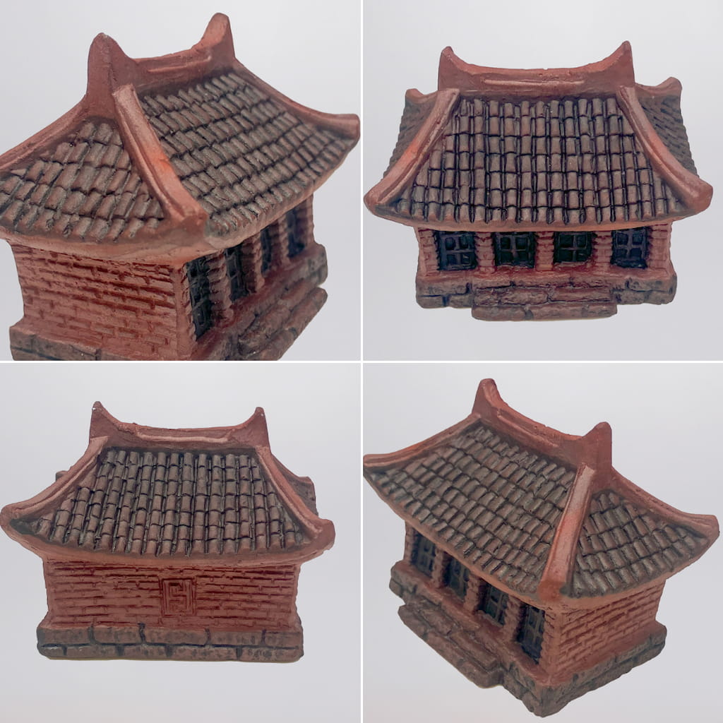 Four views of a small, reddish-brown ceramic house with a dark, tiled, curved roof. This Miniature House Figurine is suitable as Bonsai Figurines or Ceramic Terrarium Figurines.