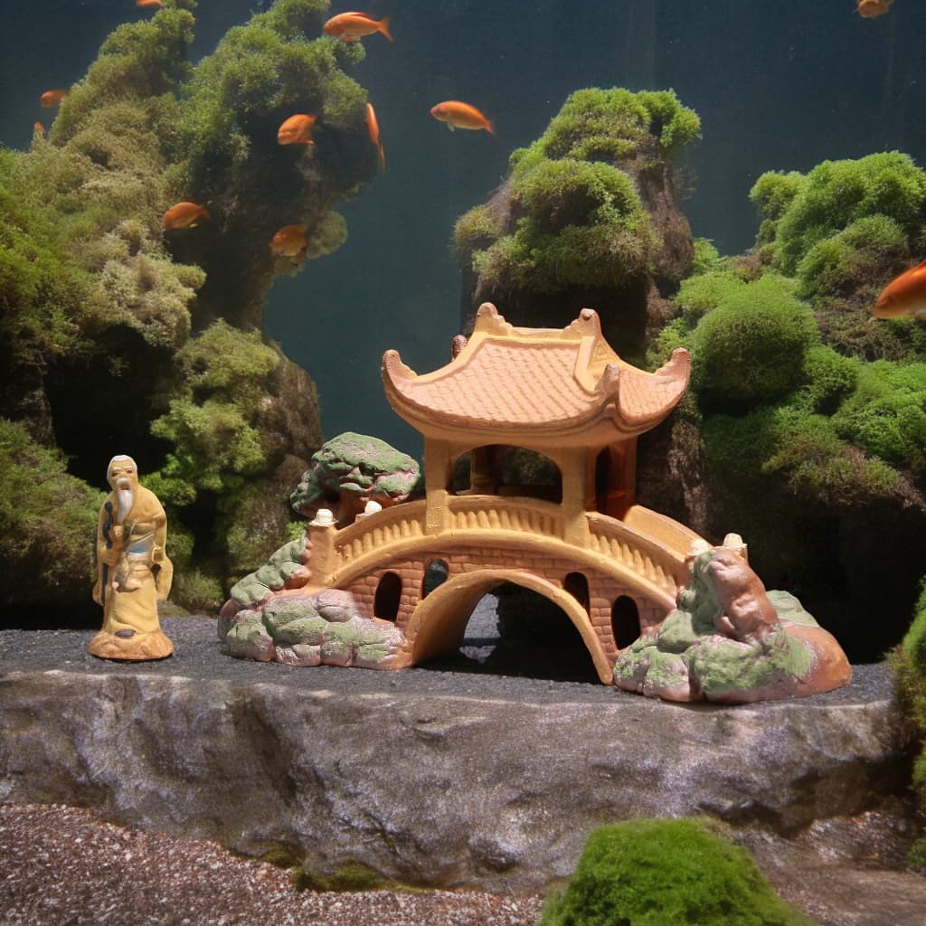 Pavilion miniature bridge for garden scenes, with old man, fish. Small garden bridge look.