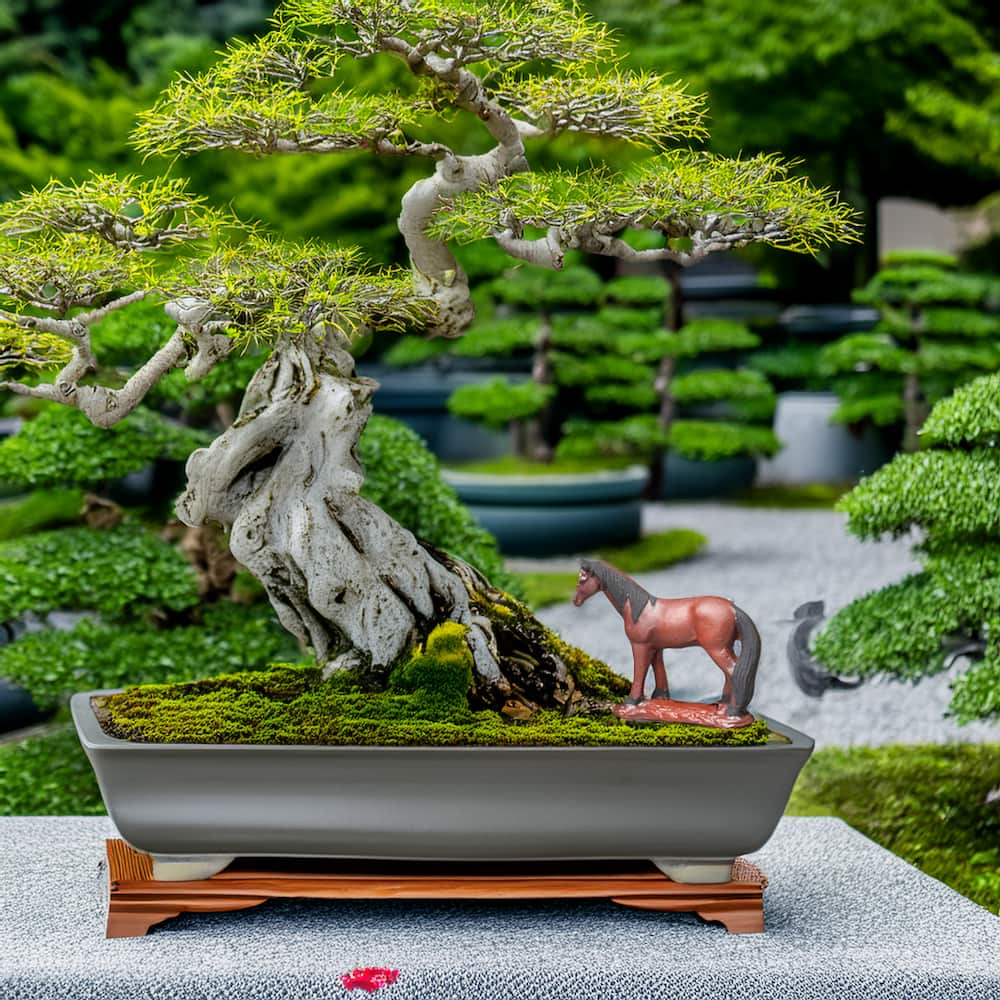 A small, brown ceramic horse stands beneath a large bonsai tree in a serene garden setting.