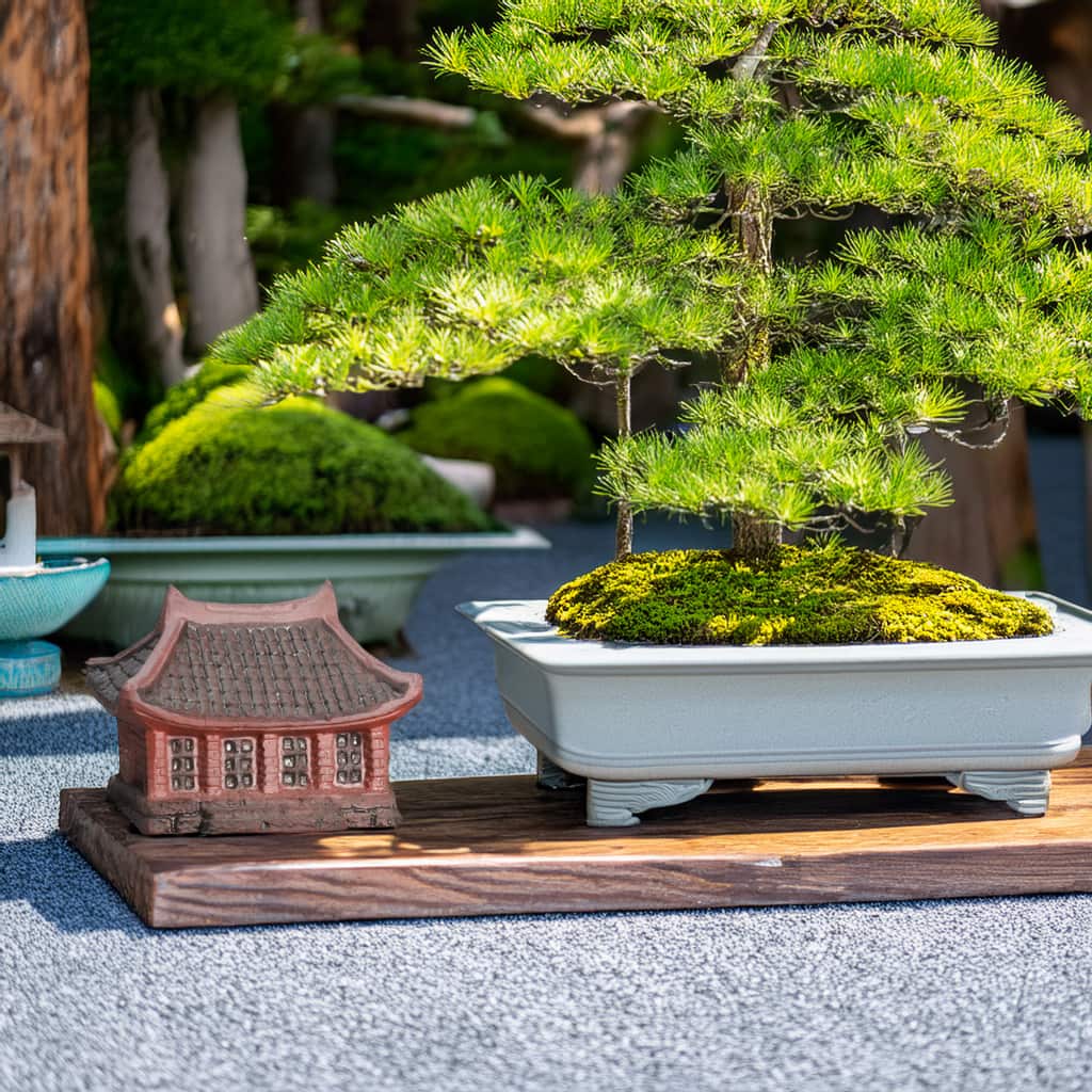 The small Miniature House Figurine placed on a wooden stand next to a bonsai tree pot, acting as bonsai pot decor. An example setup using Bonsai Figurines.